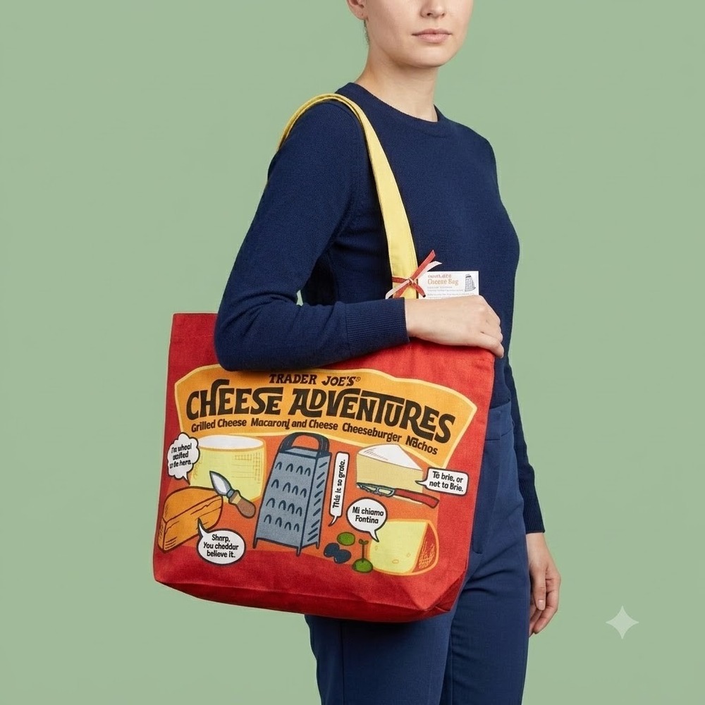 Trader Joe's Cheese Adventures Reusable Canvas Tote Bag Red Graphic NWT